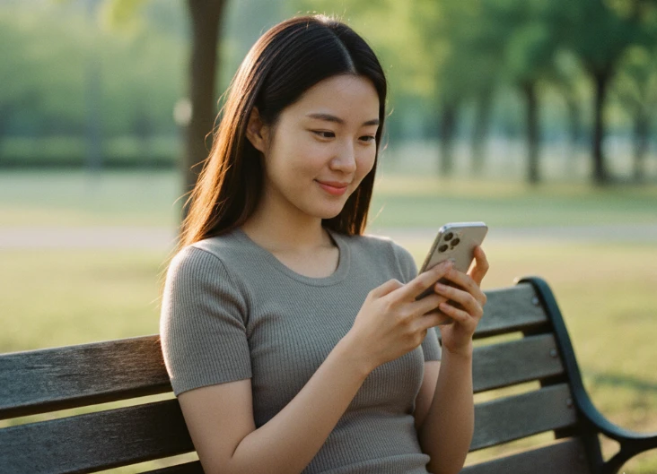 공원 벤치에 앉아 휴대폰을 보며 미소 짓는 한국 여성