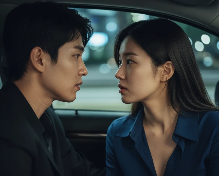 차 안에서 서로 마주 보고 진지하게 대화하는 두 사람