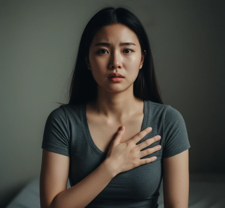 심장이 떨려 손으로 가슴을 움켜쥐고 있는 한국 여성