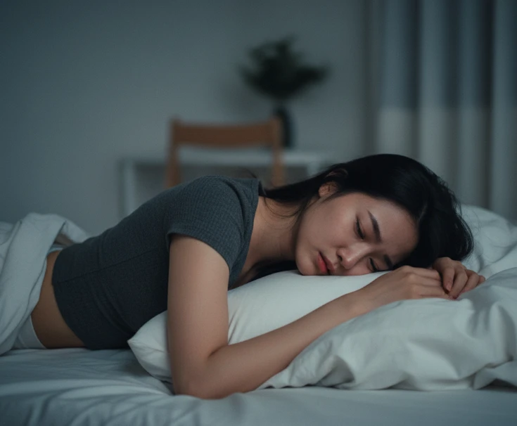 침대에 엎드려 울고 있는 한국 여성 침대에 엎드려 울고 있는 한국 여성