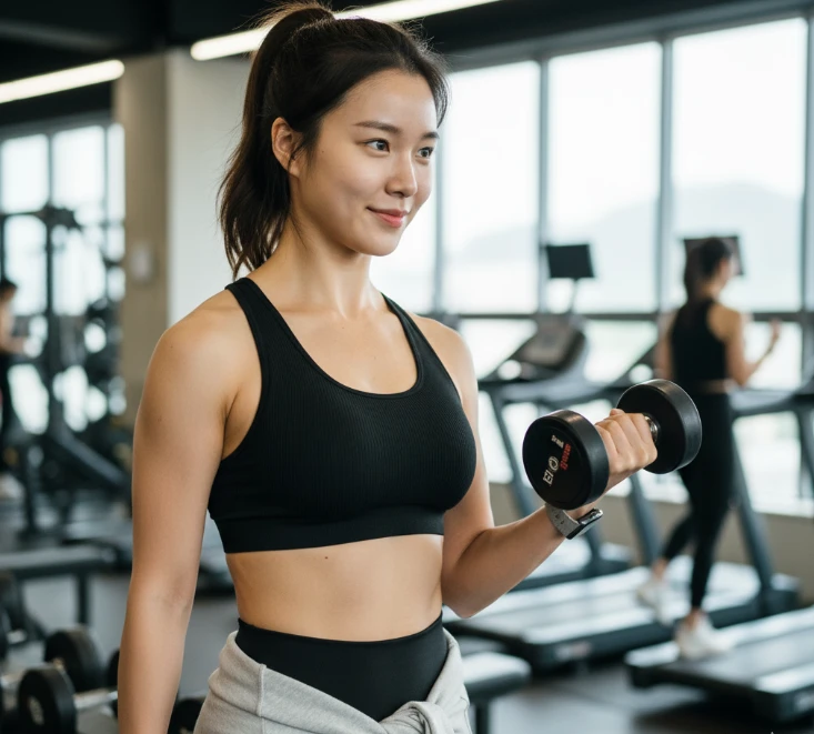 헬스장에서 자신감 넘치게 운동하는 한국 여성 헬스장에서 자신감 넘치게 운동하는 한국 여성