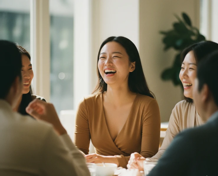 카페에서 친구들과 즐겁게 이야기하며 웃고 있는 한국 여성 카페에서 친구들과 즐겁게 이야기하며 웃고 있는 한국 여성