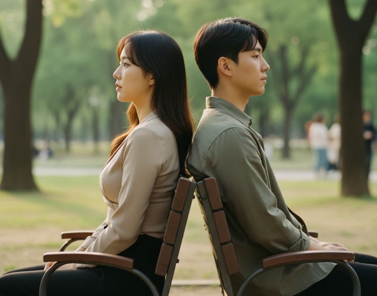 서로에게 등을 돌린 채 앉아있는 커플 서로에게 등을 돌린 채 앉아있는 커플