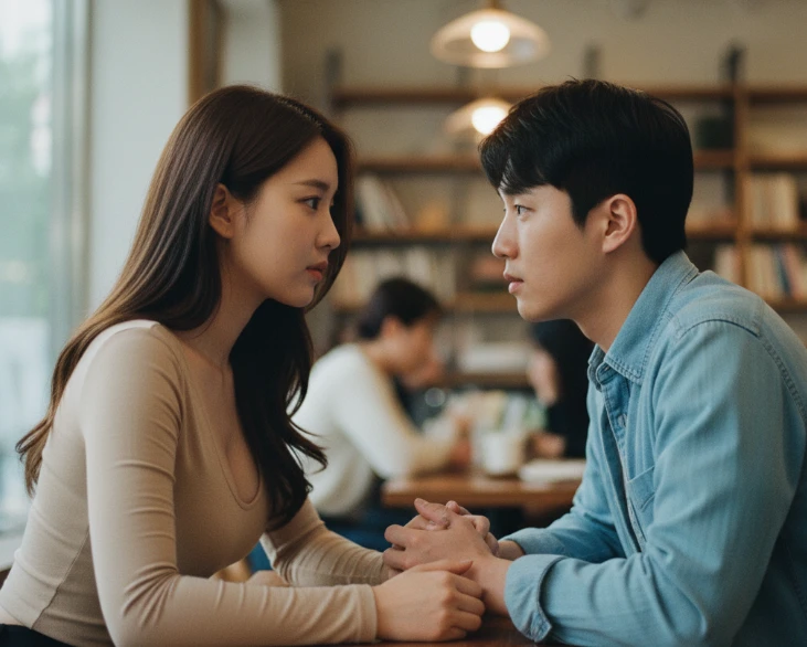 서로 마주보고 진지하게 대화하는 커플 서로 마주보고 진지하게 대화하는 커플