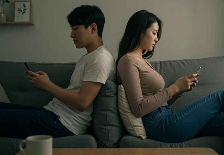 한 공간에서 각자 스마트폰만 보는 부부