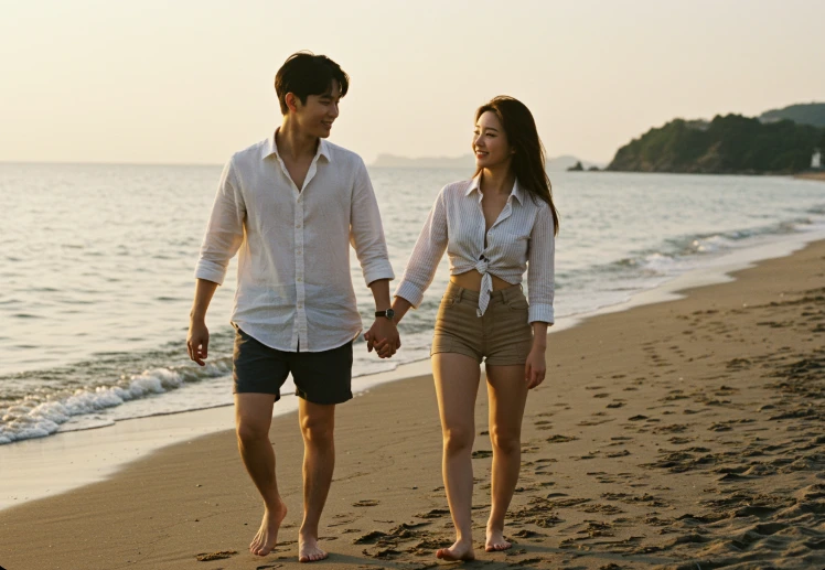 바닷가를 산책하며 서로를 바라보는 부부