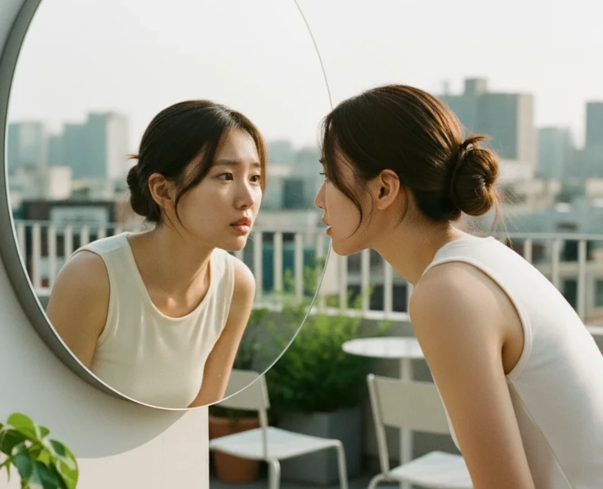 거울을 보며 자신의 상태를 점검하는 여성을 찍은 사진. 거울을 보며 자신의 상태를 점검하는 여성을 찍은 사진.