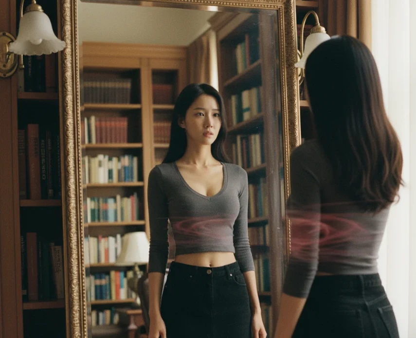 거울 속 낯선 자신을 응시하는 여성의 모습 거울 속 낯선 자신을 응시하는 여성의 모습
