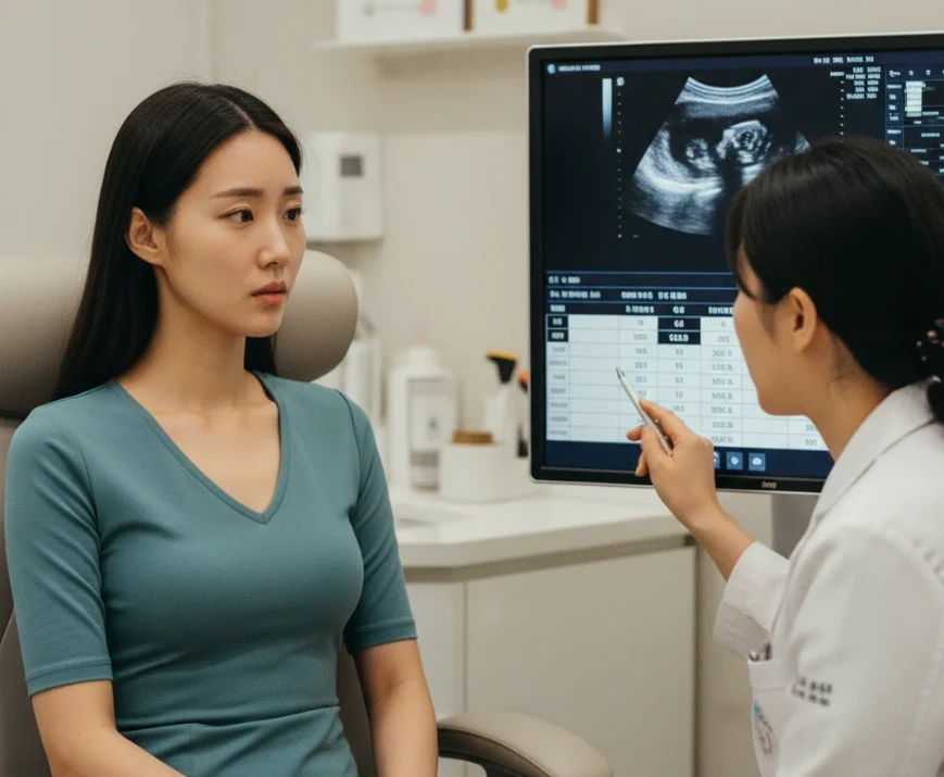 의사와 함께 검사 결과를 확인하는 여성 의사와 함께 검사 결과를 확인하는 여성