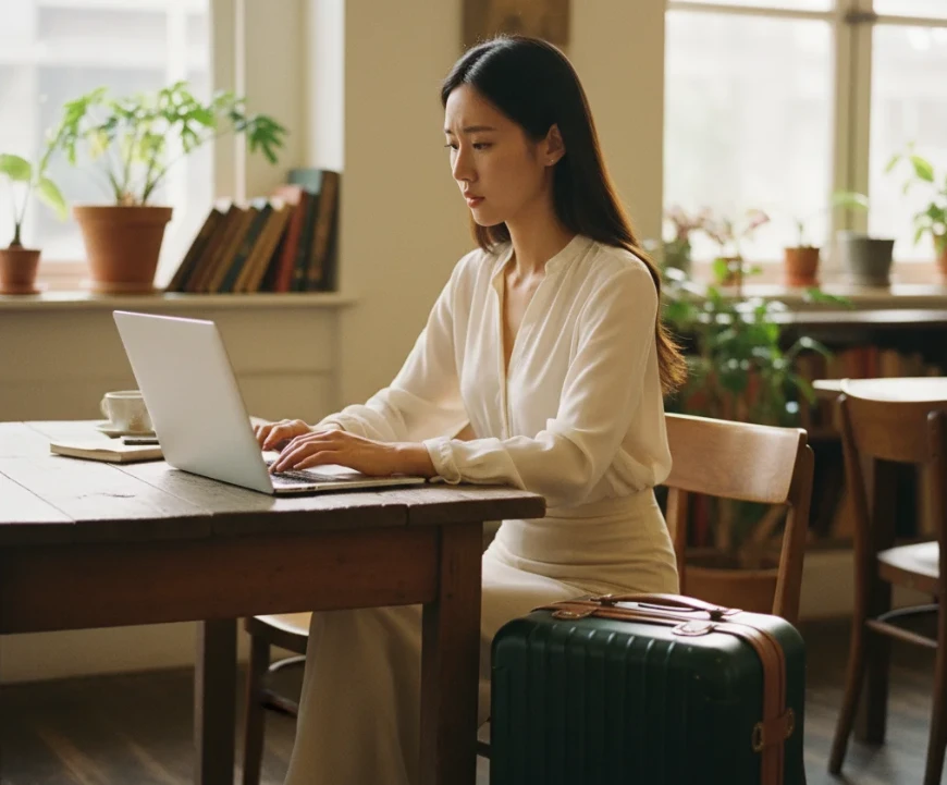 노트북으로 무언가를 분석하며 생각에 잠긴 여성 옆에 놓인 여행 가방