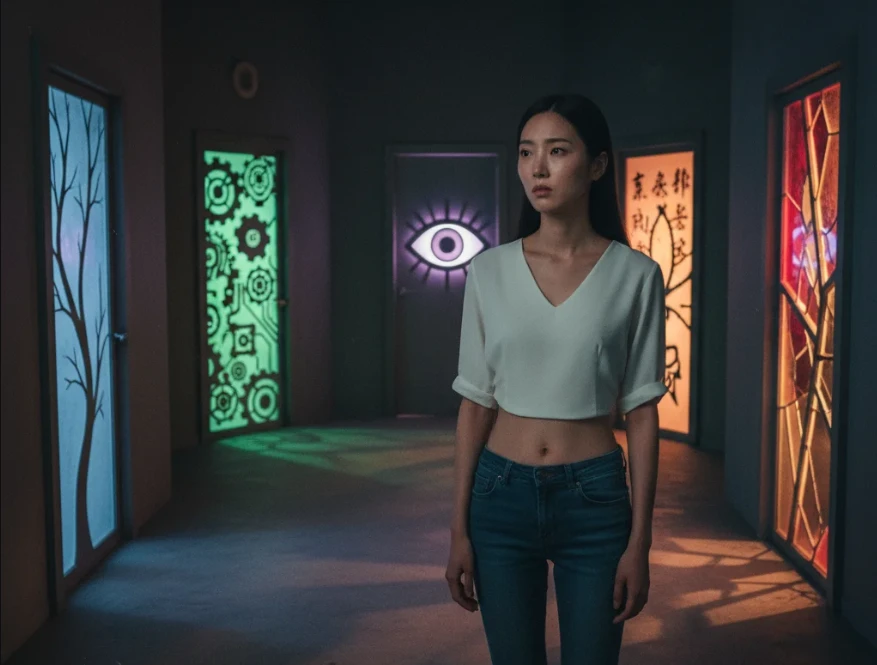 여러 개의 문 앞에서 망설이는 여성