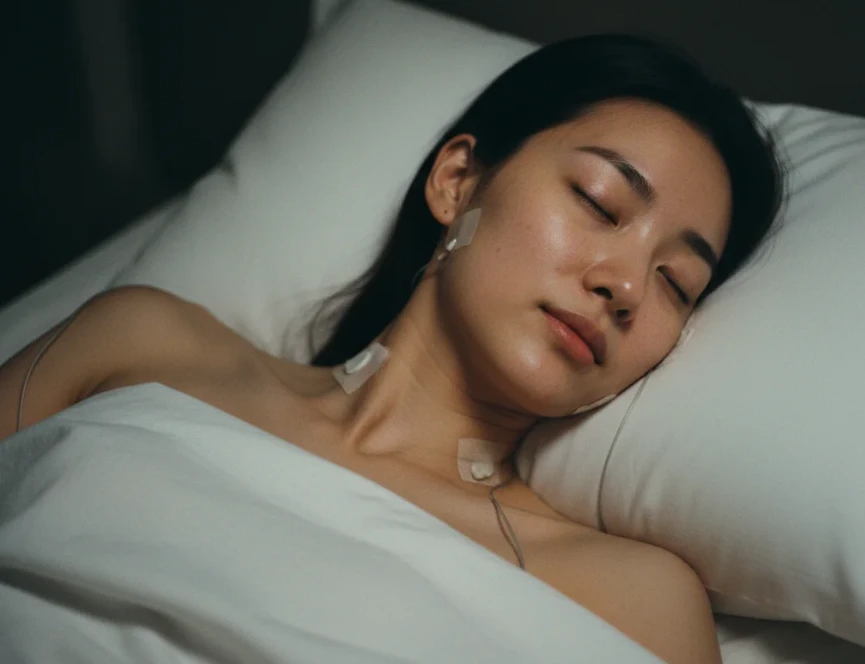 잠든 사람의 얼굴에 부착된 의료 기기