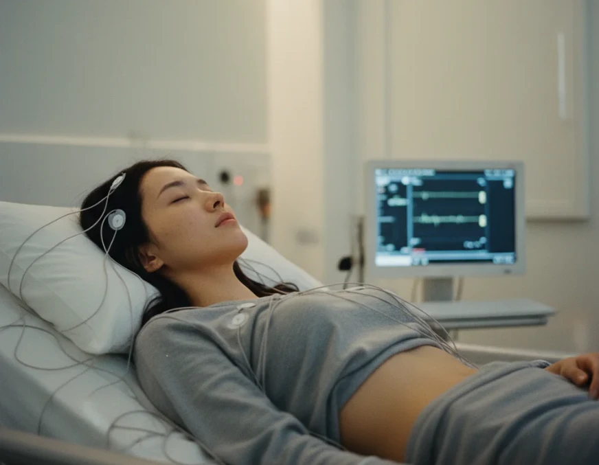 수면다원검사를 받는 여성의 모습