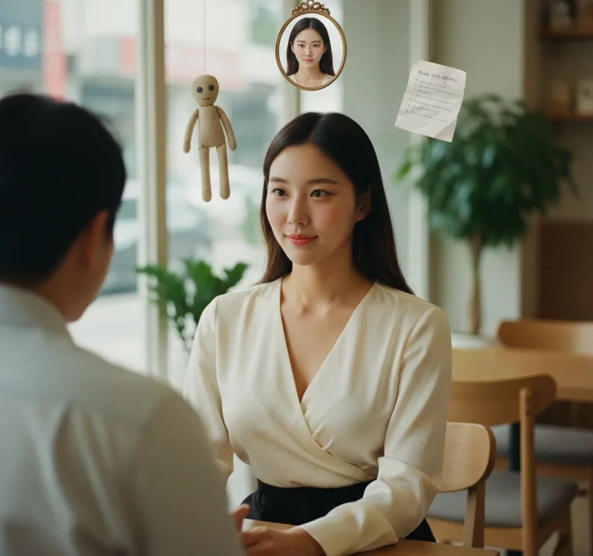 대화 중인 여성의 머리 위에 떠 있는 거울, 인형, 서류 이미지