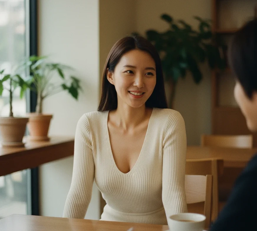 상대방의 말에 귀 기울이며 미소 짓는 여성