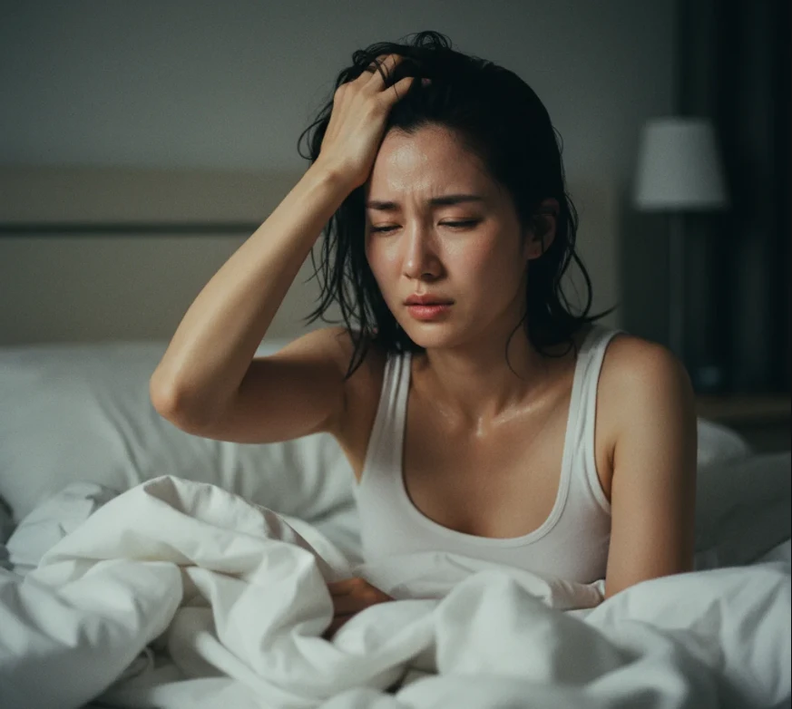 잠 못 이루며 괴로워하는 여성