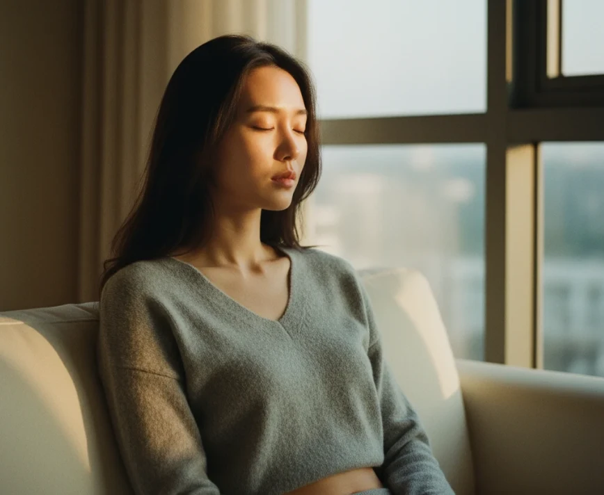 석양을 바라보며 사색에 잠긴 여성