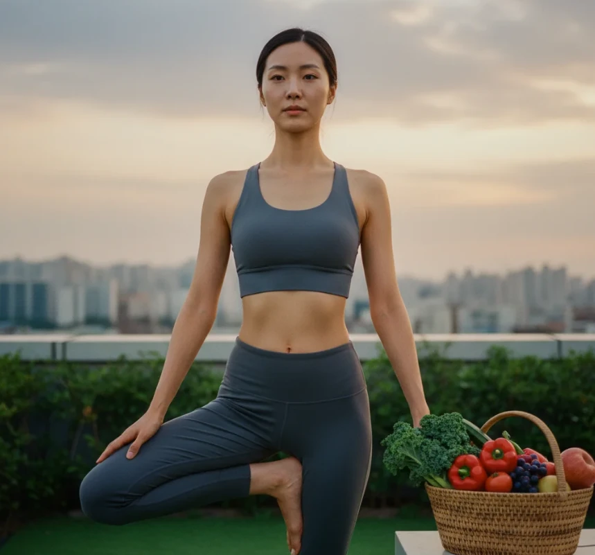 옥상 정원에서 요가를 하는 여성