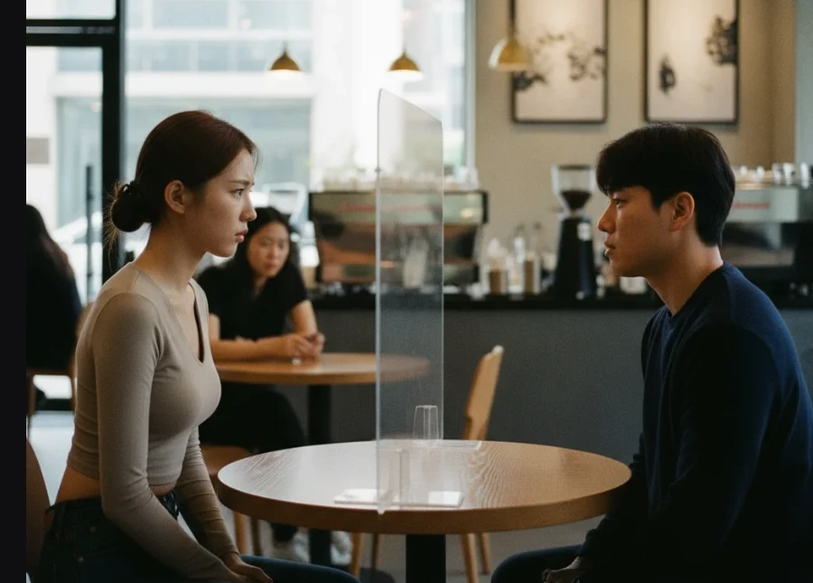 서로를 어색하게 바라보는 남녀