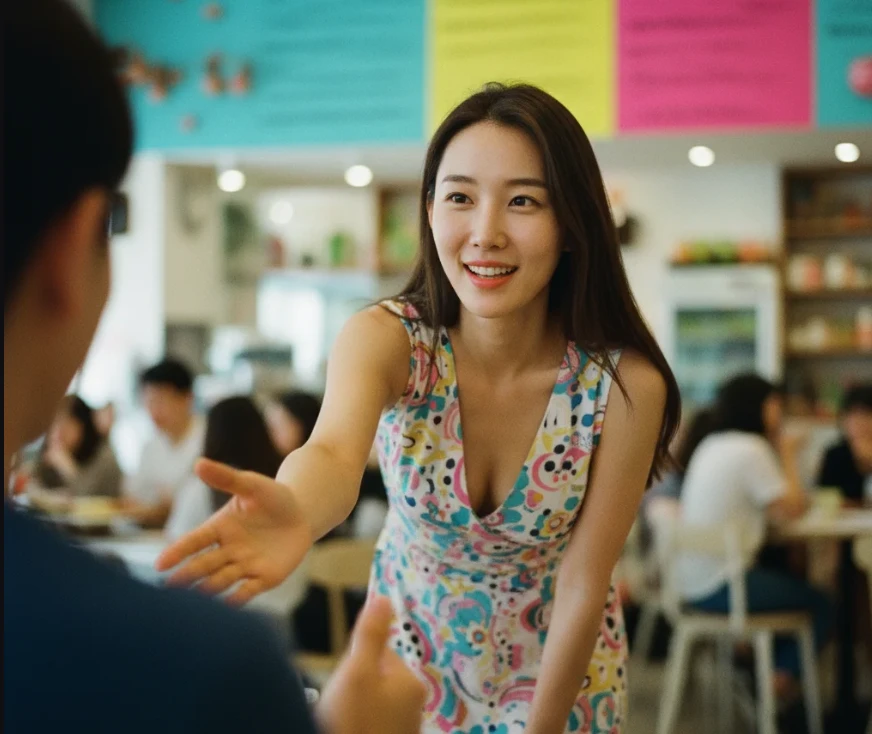 미소 지으며 상대방에게 손을 내미는 여성