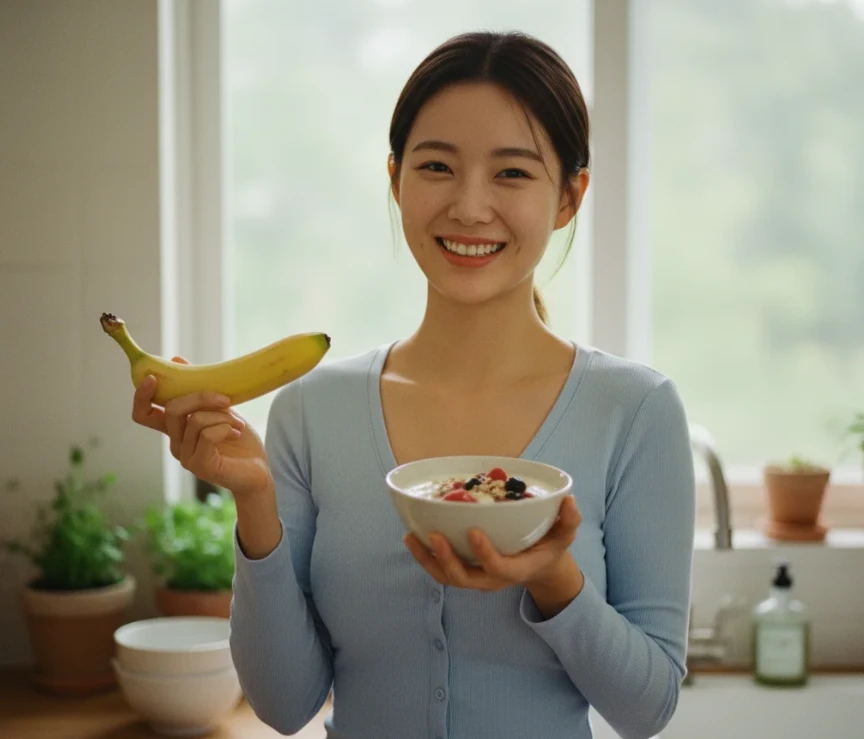 건강한 장을 위한 프로바이오틱스와 프리바이오틱스가 풍부한 음식을 먹는 젊은 한국 여성의 모습