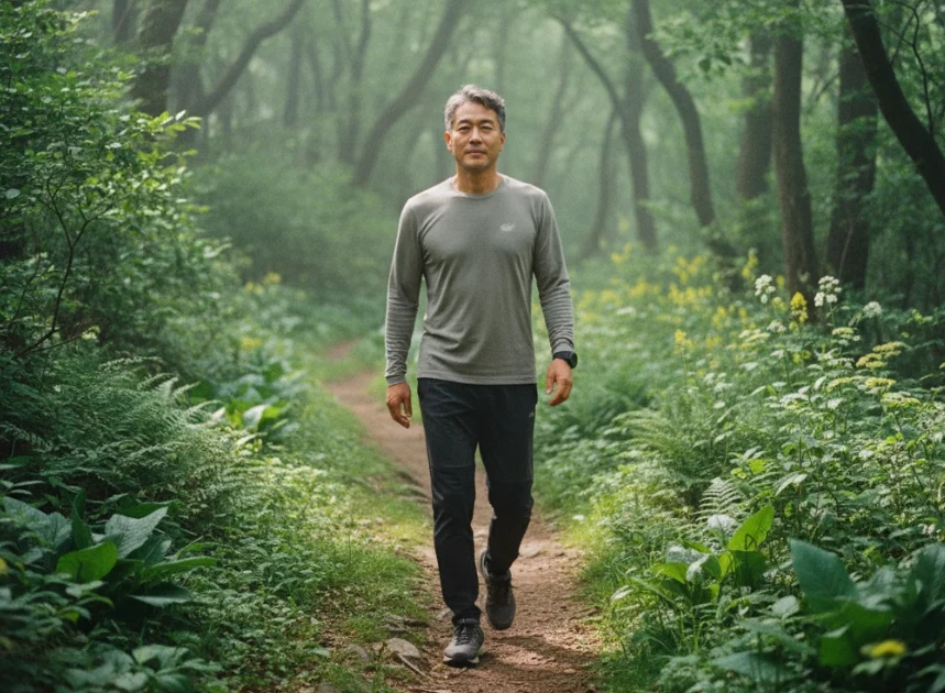 숲길을 걷는 중년 남성