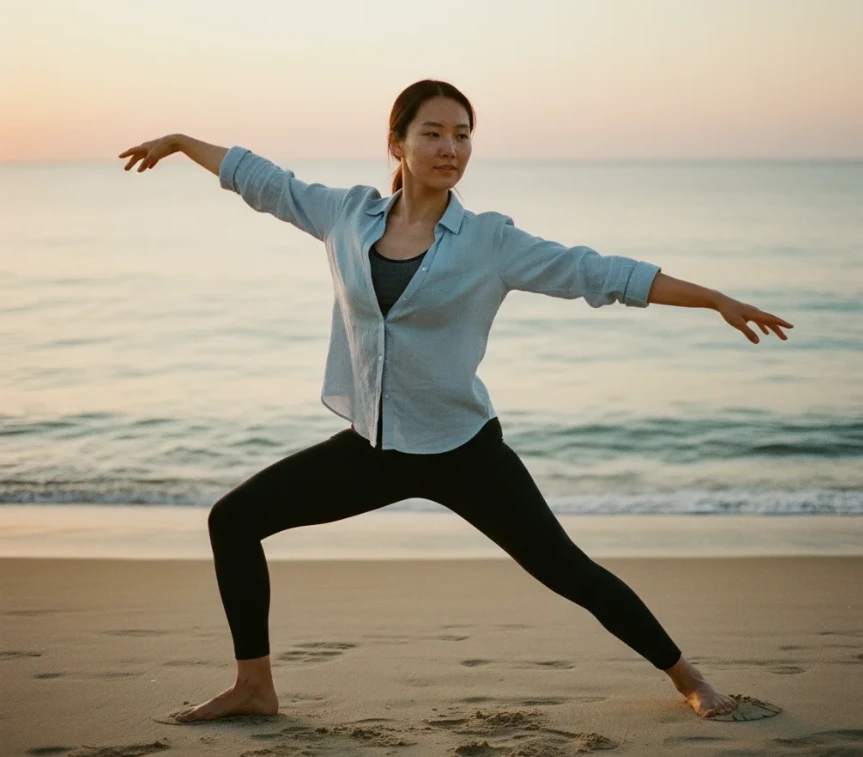 바닷가에서 운동하는 여성