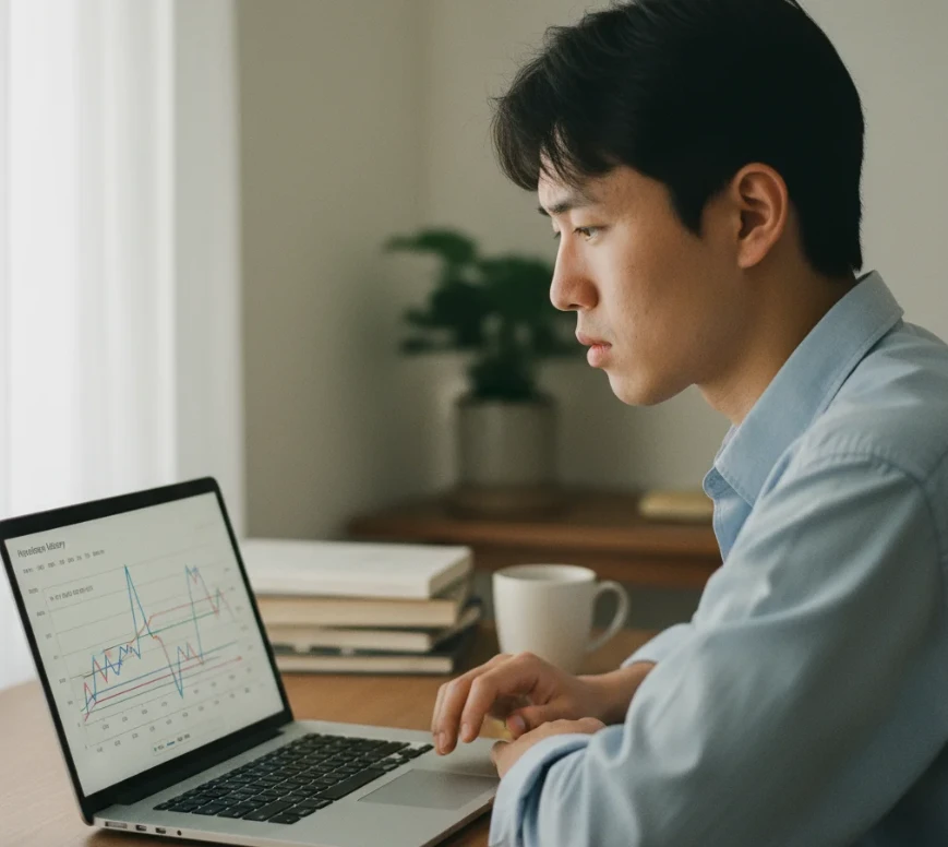 노트북으로 상품 가격 변동 그래프를 보며 블랙프라이데이 할인을 확인하는 20대 한국 남성