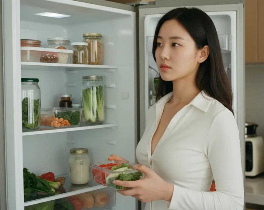 냉장고를 정리하고 있는 20대 한국인 여성의 모습
