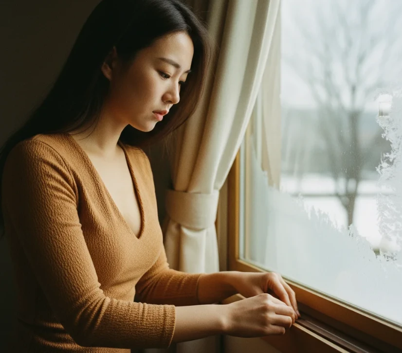 겨울철 창문에 단열재를 붙이며 난방비를 절약하는 한국인 여성