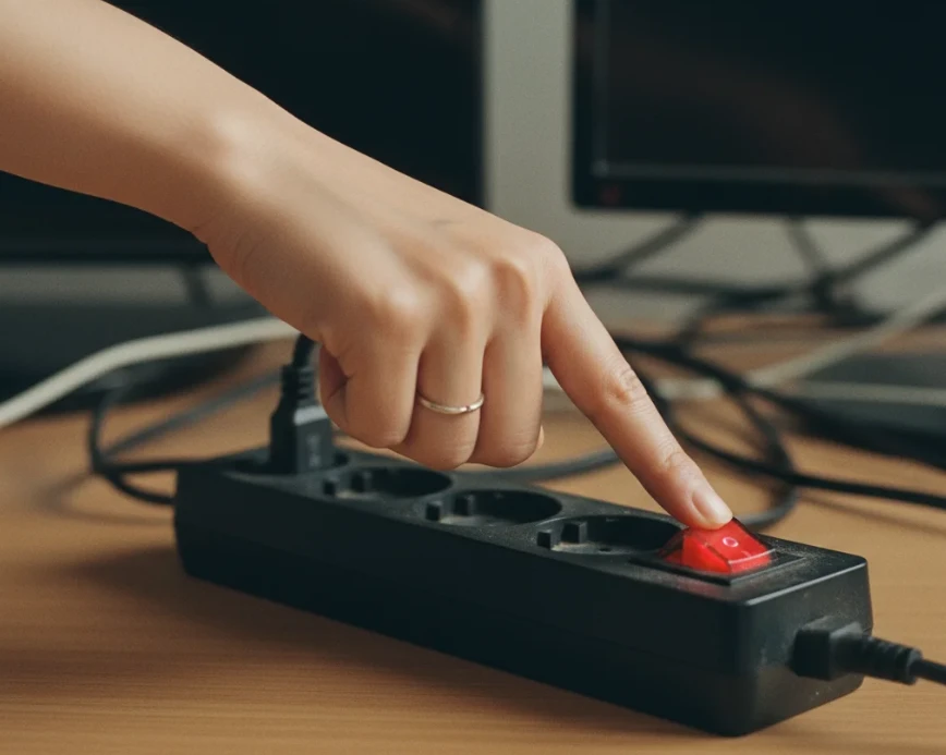 대기전력 차단을 위해 멀티탭 스위치를 끄는 한국인 여성의 손