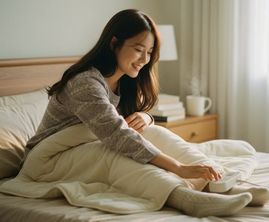 내복과 함께 전기장판을 사용하는 한국인 여성