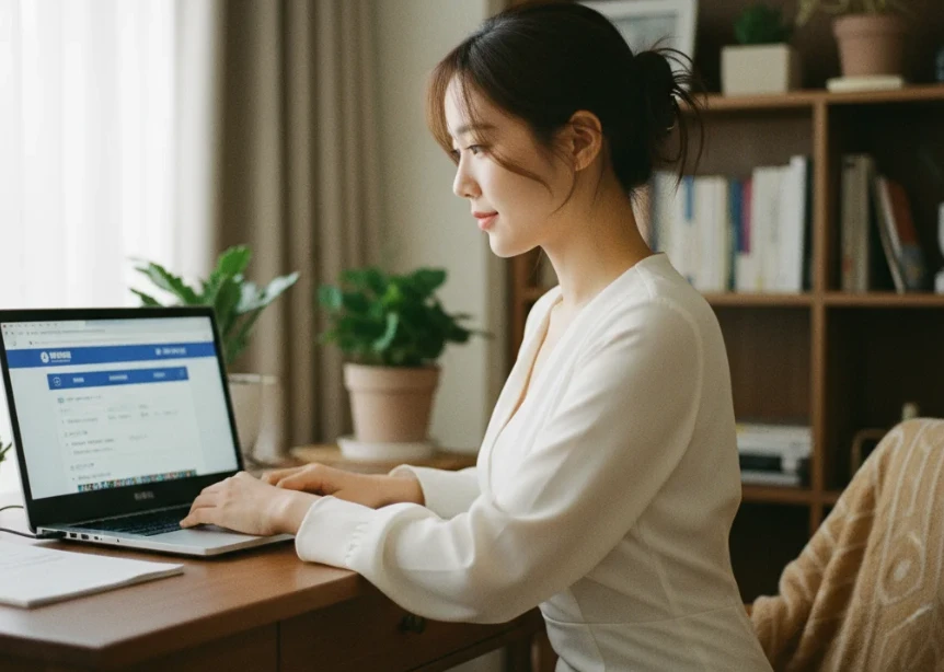 노트북으로 민생지원금을 신청하는 한국인 여성