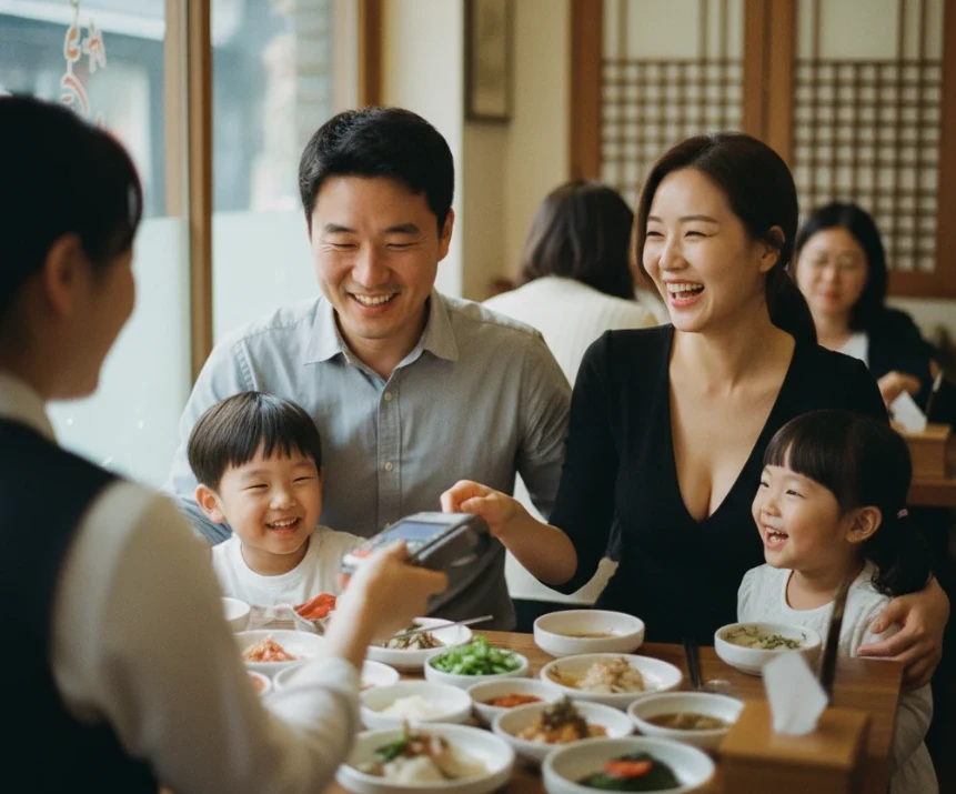 민생지원금으로 외식하는 행복한 한국인 가족
