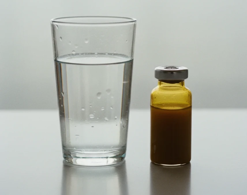 진한 노란색 소변과 깨끗한 물이 담긴 유리잔