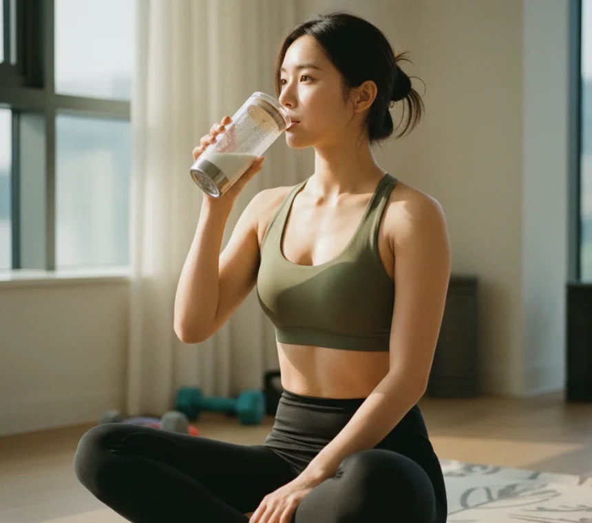 운동 후 물을 마시는 한국인 여성