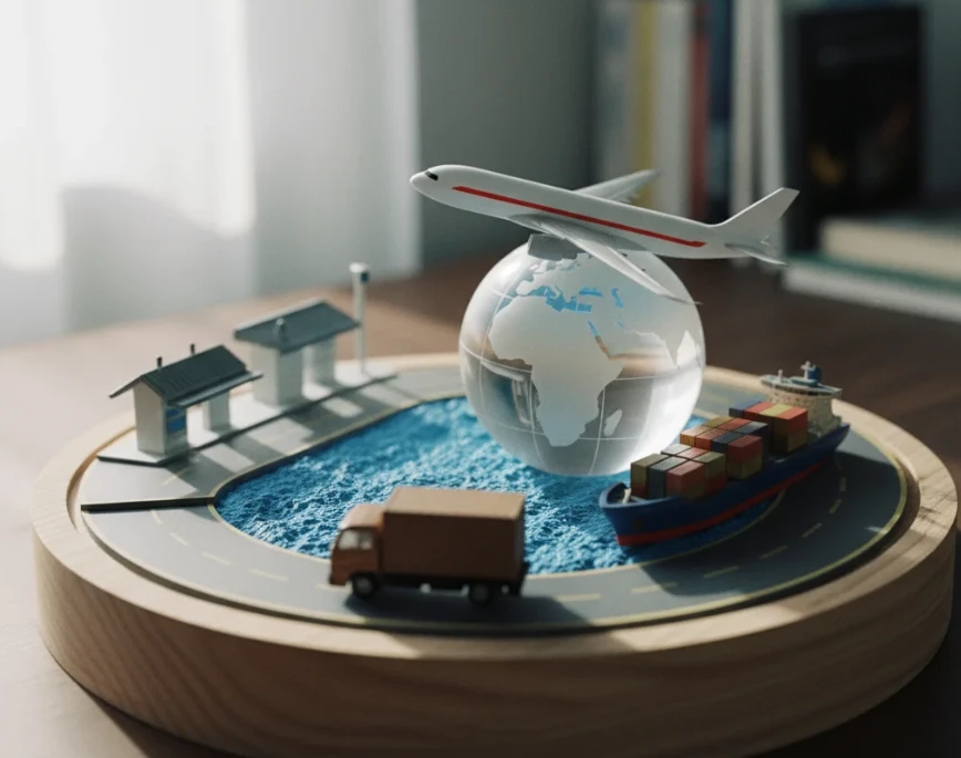 해외에서 국내로 이어지는 택배 배송의 3단계를 보여주는 운송 수단 이미지