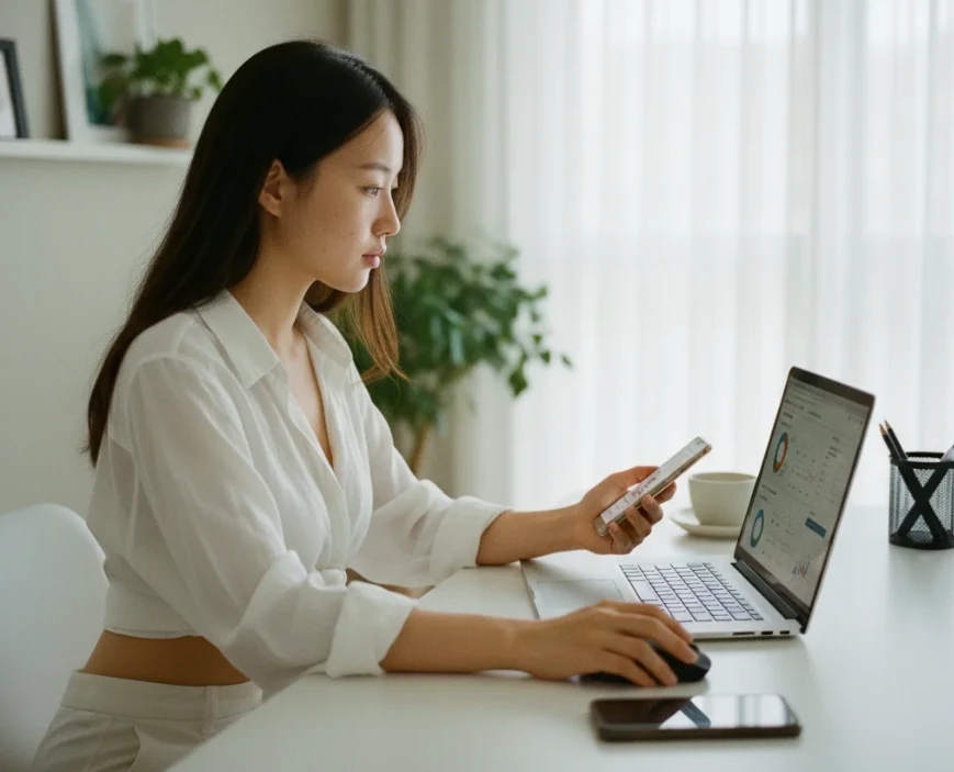 노트북과 스마트폰으로 배송을 조회하는 한국 여성의 이미지