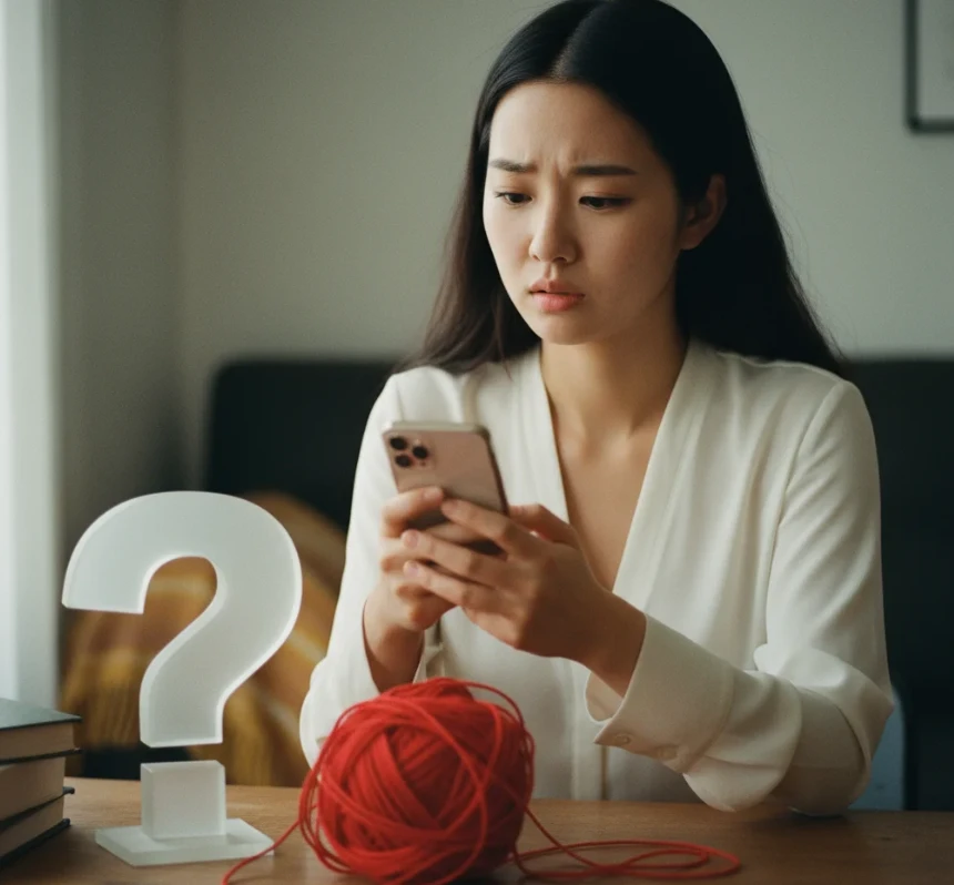 배송조회 문제로 혼란스러워하는 한국 여성의 이미지