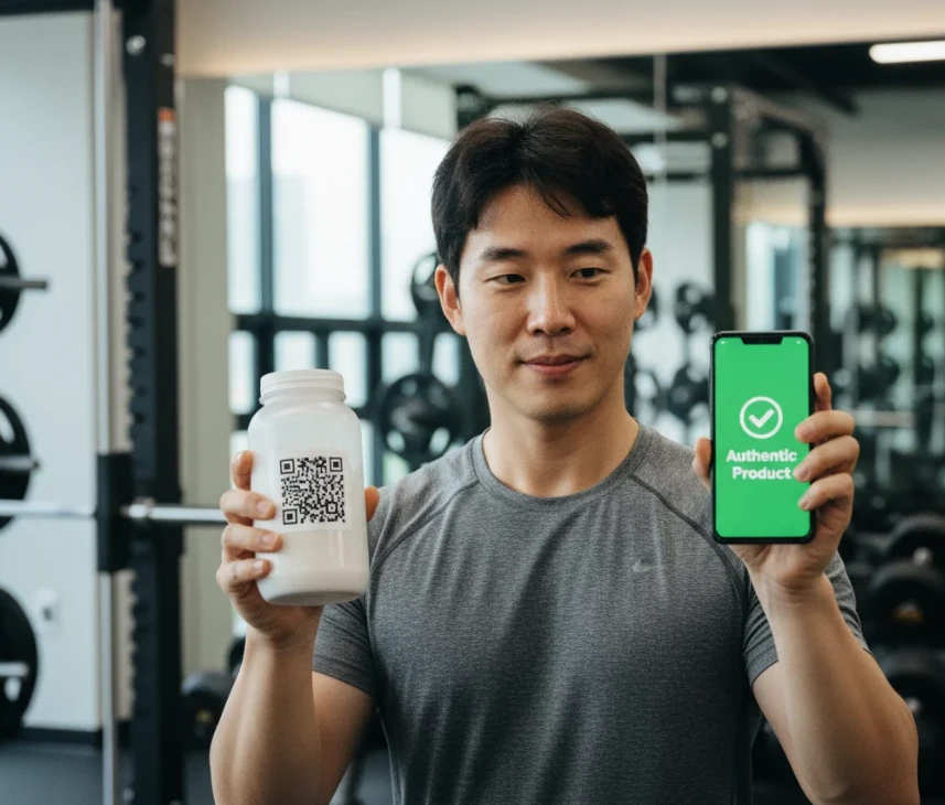 헬스보충제 정품 QR 코드를 스캔하는 한국 남성의 이미지 헬스보충제 정품 QR 코드를 스캔하는 한국 남성의 이미지