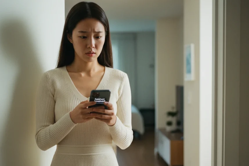 현관문 앞에서 택배 배송 조회를 확인하는 한국 여성의 이미지