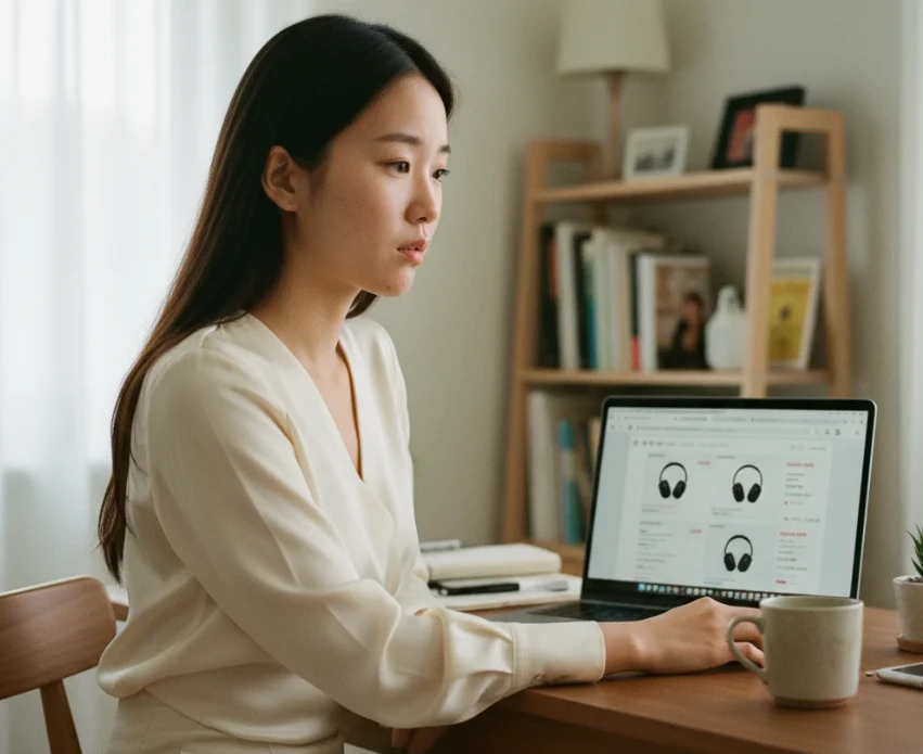 여러 온라인 쇼핑몰 페이지를 비교하는 한국 여성