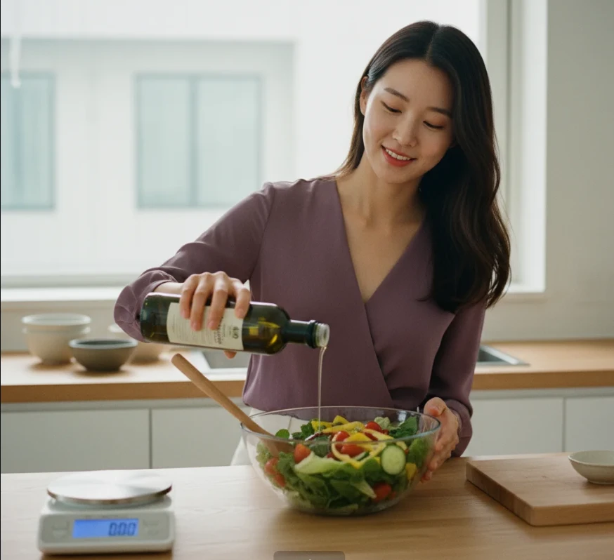 올리브 오일을 샐러드에 뿌리는 한국 여성의 이미지 올리브 오일을 샐러드에 뿌리는 한국 여성의 이미지