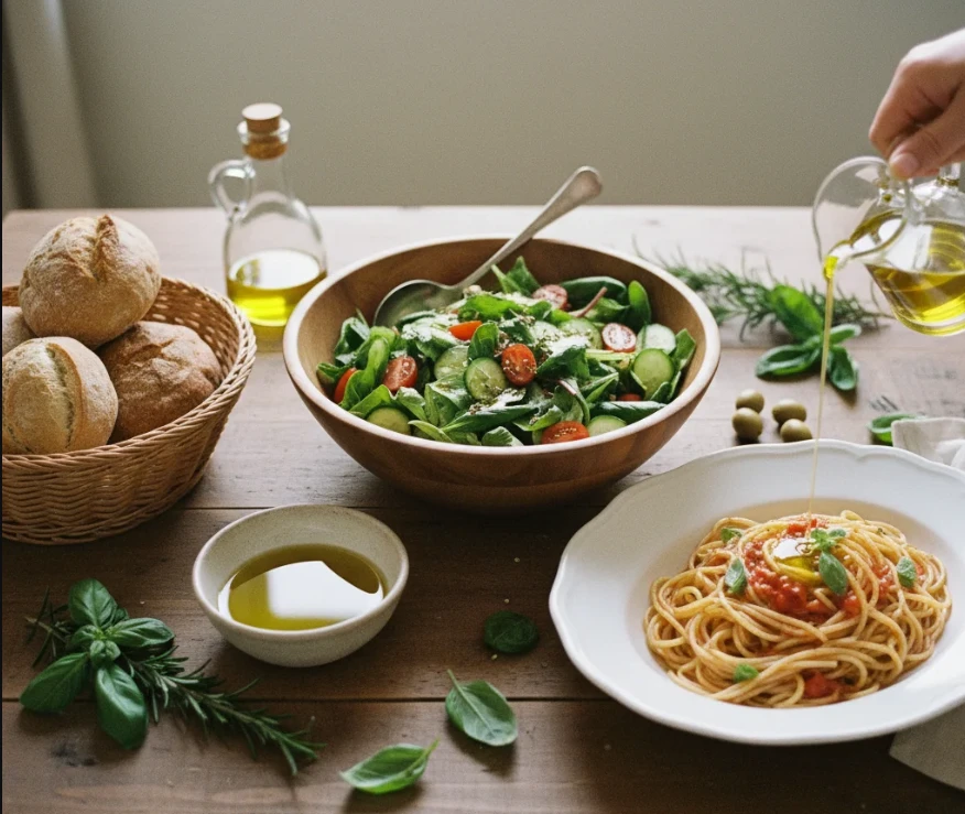 올리브 오일과 함께 있는 샐러드, 빵, 파스타 이미지 올리브 오일과 함께 있는 샐러드, 빵, 파스타 이미지