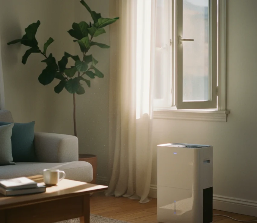 쾌적한 거실에서 작동 중인 제습기 이미지