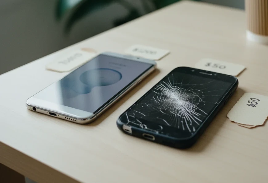 흠집 없는 스마트폰과 파손된 스마트폰이 나란히 있는 이미지