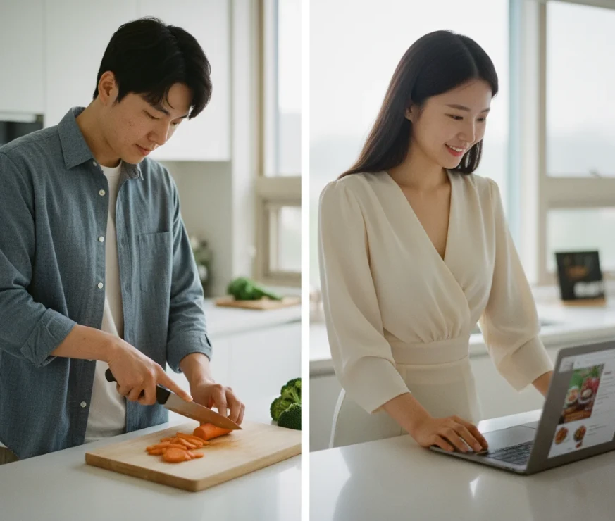 건강한 식단 레시피를 보며 요리하는 한국 남녀