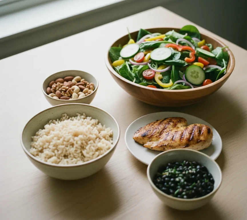 혈당 관리에 좋은 현미밥, 채소, 단백질 음식들