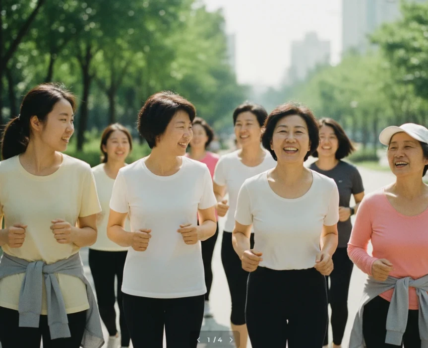 다양한 연령대의 사람들이 함께 슬로우 조깅을 즐기는 이미지