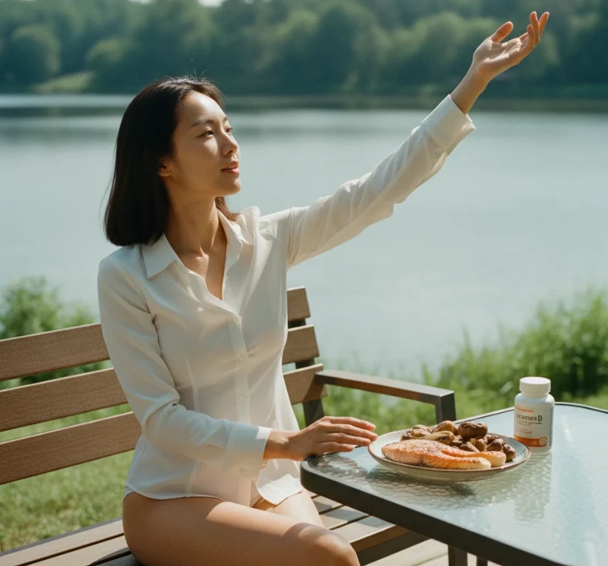 햇볕, 음식, 영양제로 비타민D를 보충하는 한국 여성 햇볕, 음식, 영양제로 비타민D를 보충하는 한국 여성